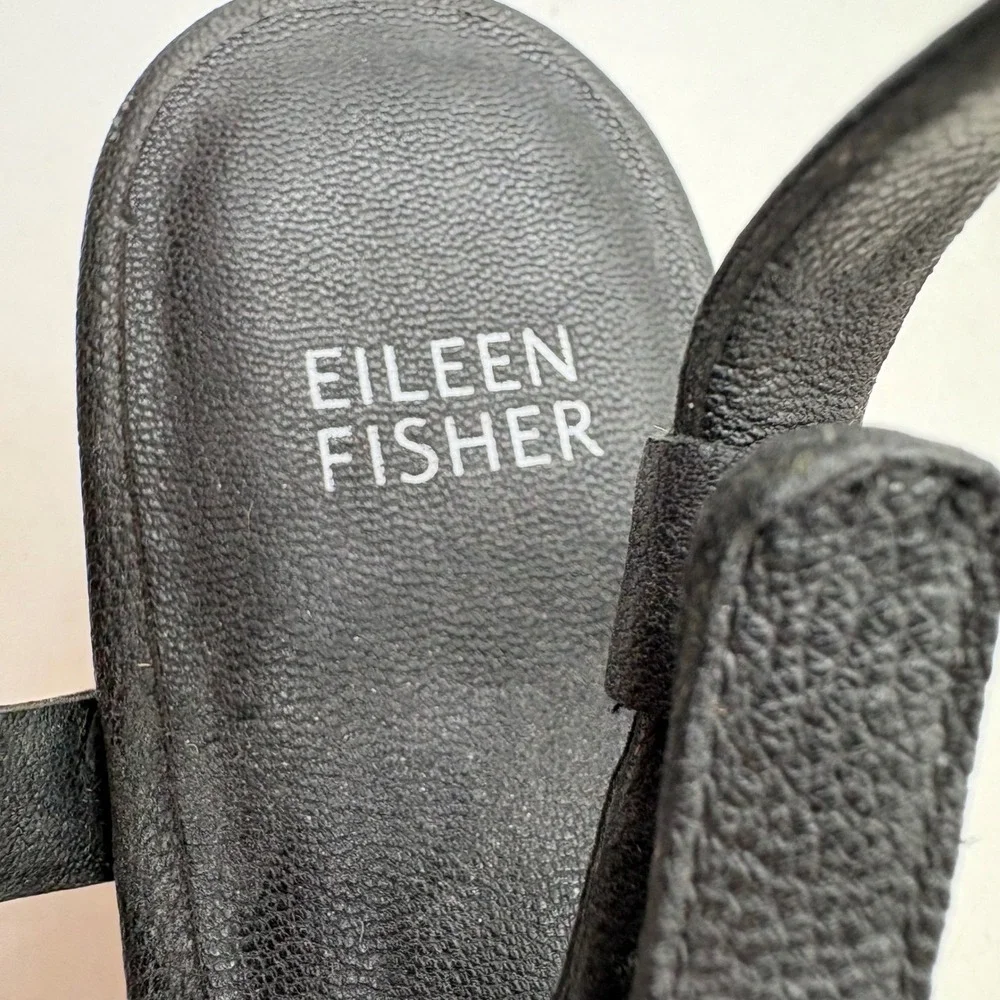 Eileen‎ Fisher Womens Black Leather Cork Platform Wedge Strappy Sandals Size 9.5
